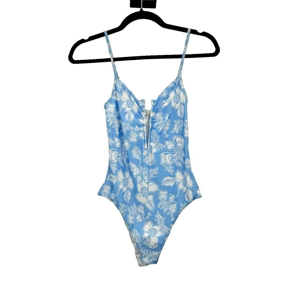 L*Space Roxanne Floral V Wire One Piece Swimsuit Blue White Size S NWT
